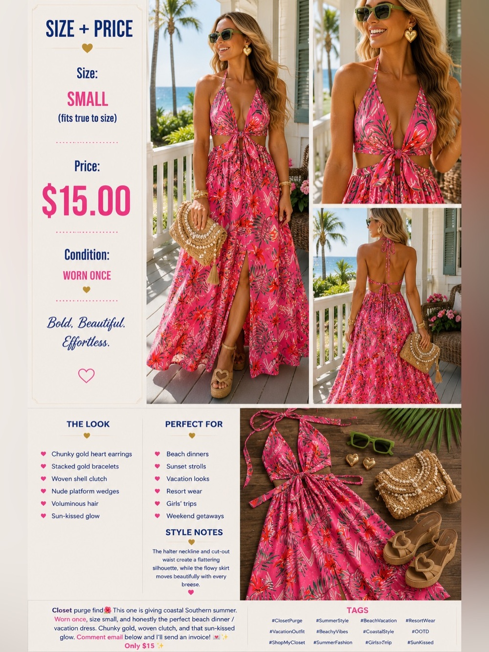 Tropical Pink Halter Cutout Maxi Dress